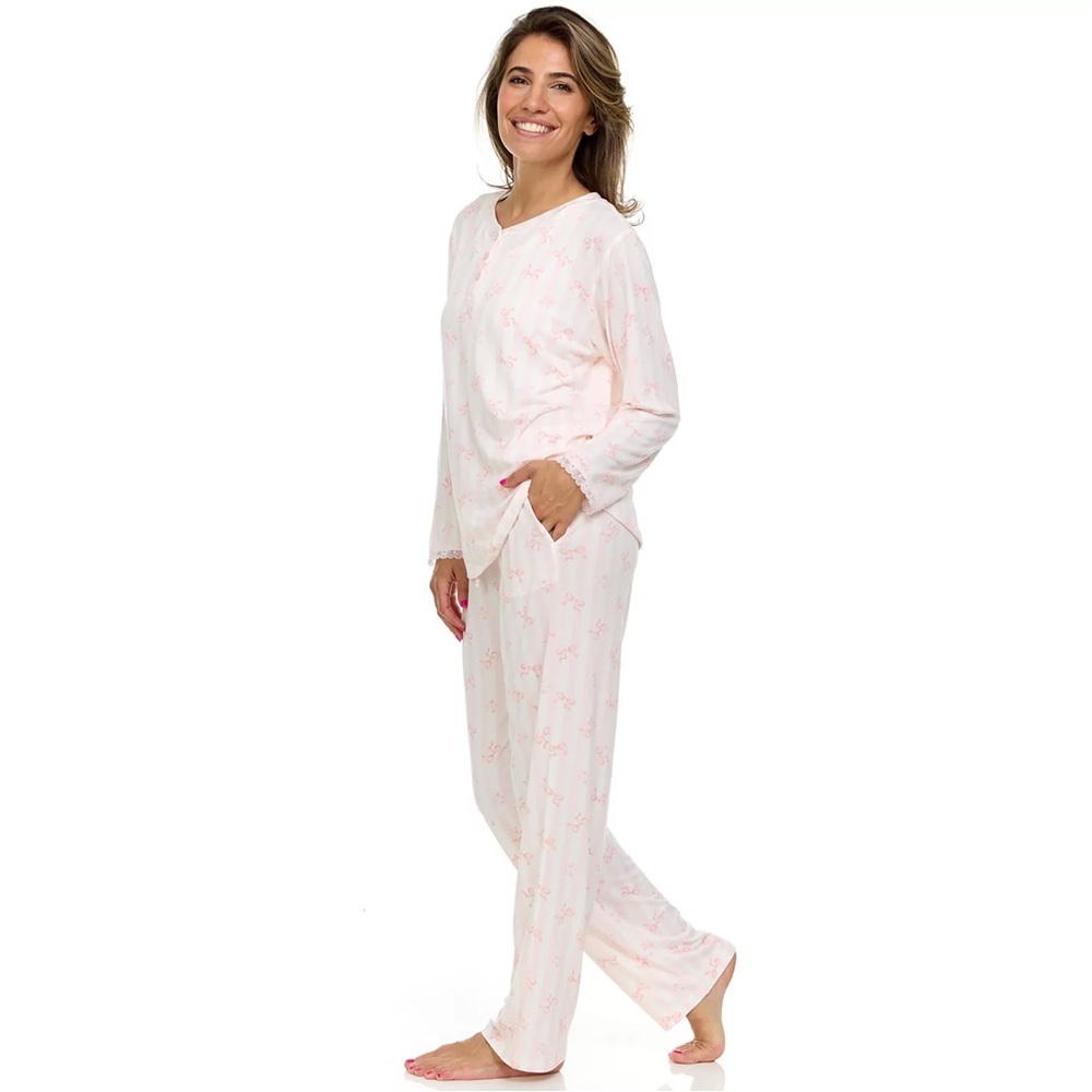 NWT Flora Nikrooz 2-Piece Pink Bows Pajama Set - Picture 2 of 15